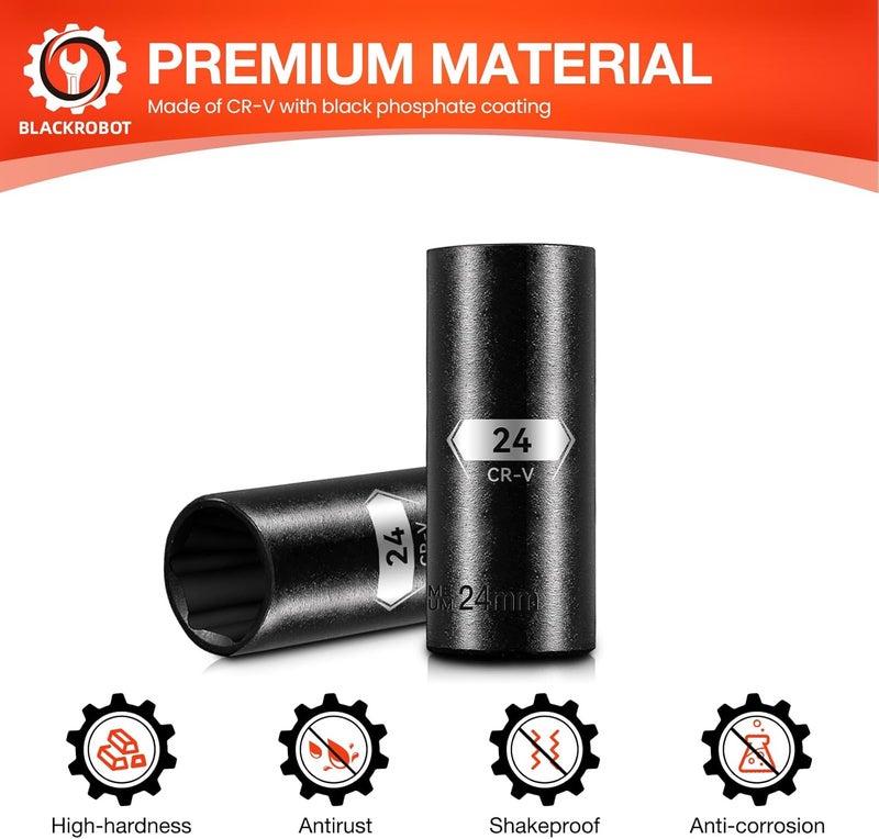 BLACKROBOT 1/2 Inch Drive 6-Point Deep Socket, 24mm Deep Impact Socket, CR-V Steel - Image 3